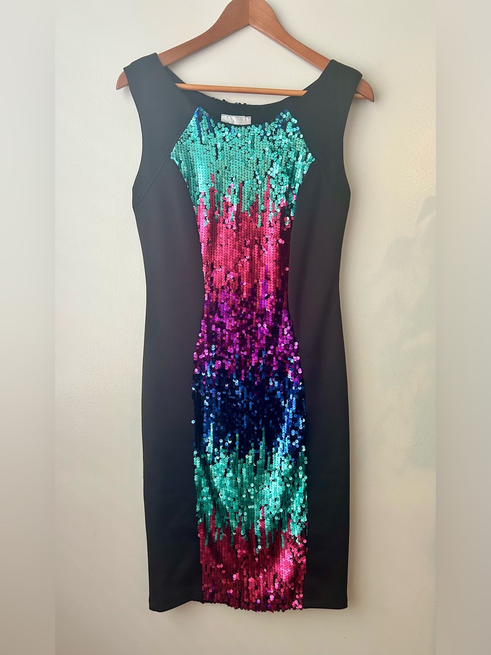 Black Midi Dress with Multicolor Sequin Front Panel